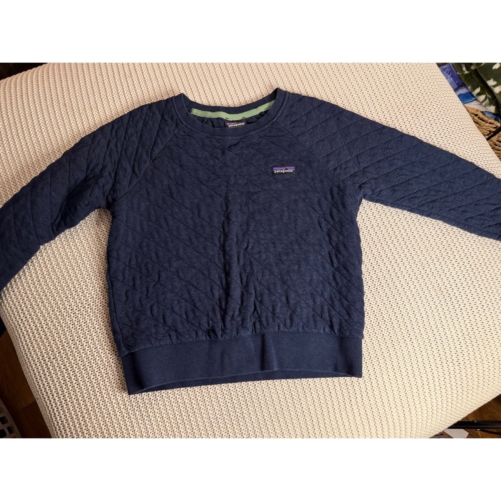 Patagonia Womens Organic Cotton Quilted Crewneck Sweatshirt Navy Blue Small